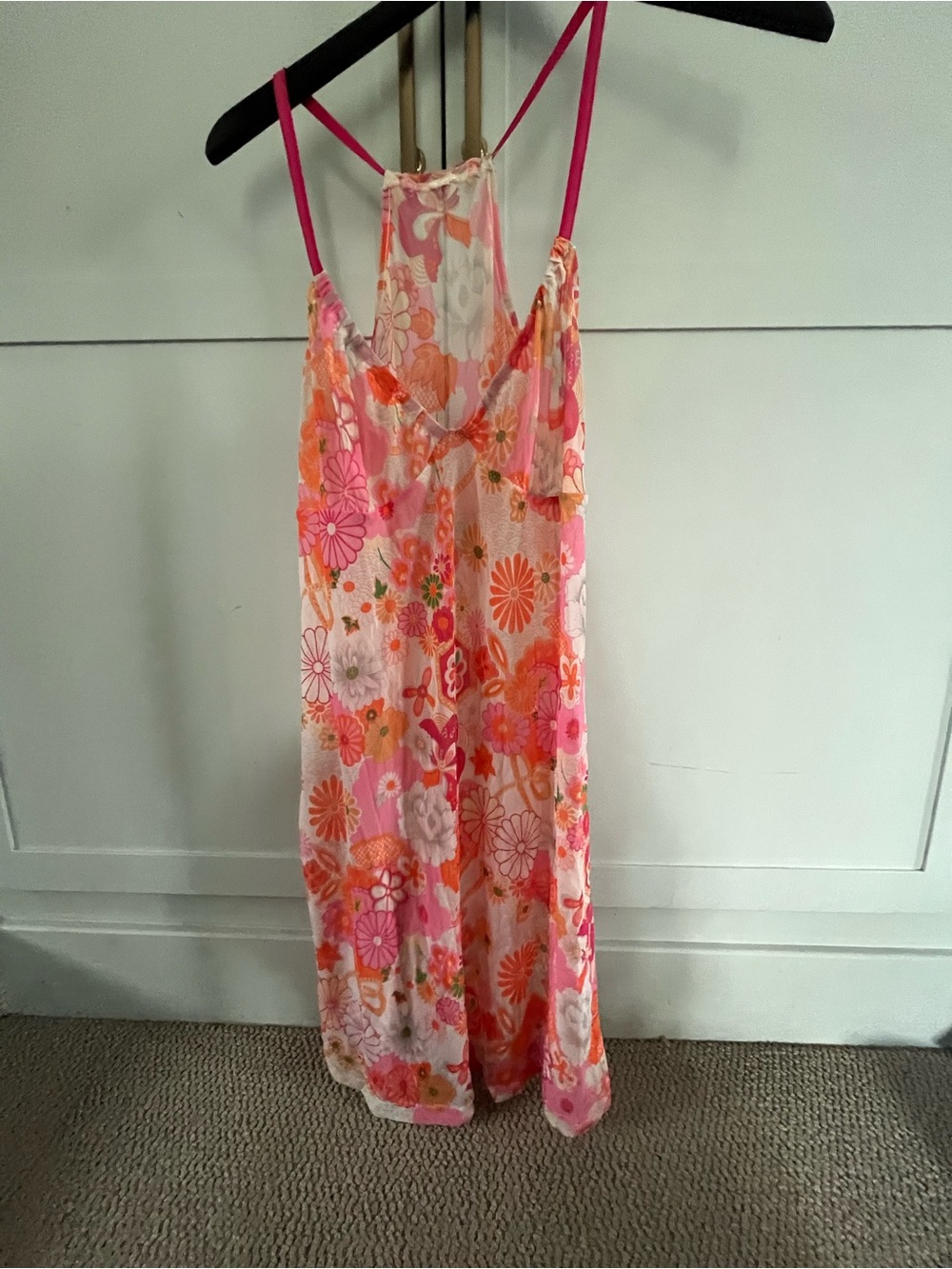 Anthropologie Pink & Orange Floral Sheer Slip Chemise